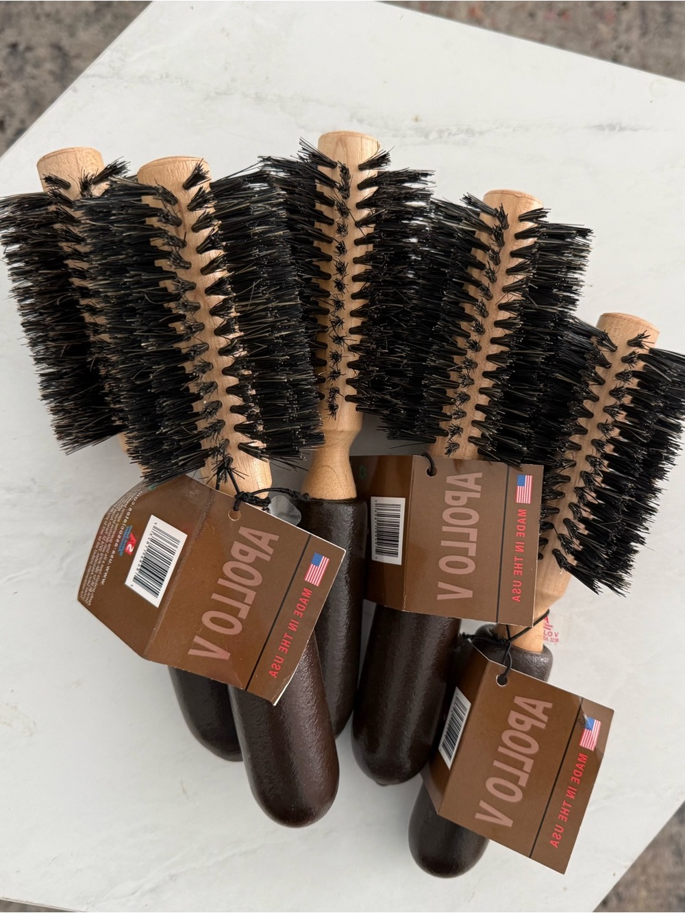5 x APOLLO V Round Wooden Handle Hair Brush - Black Bristles, Brown Handle
